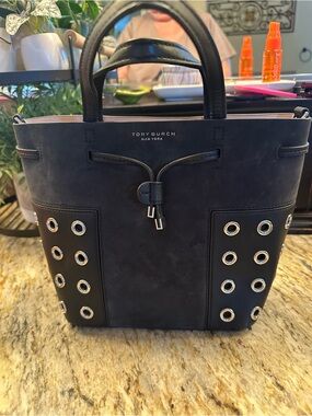 Tory Burch Black Leather Eyelet Tote